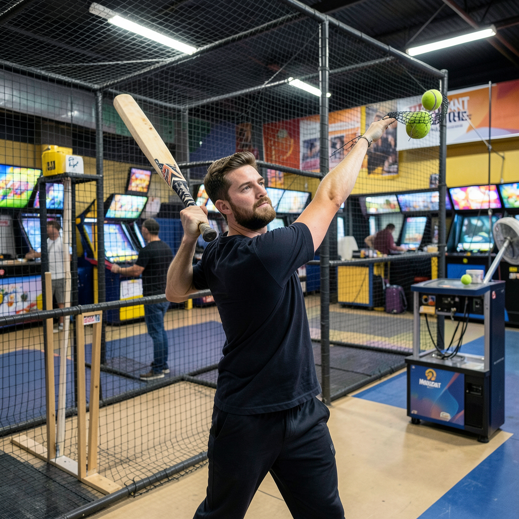 Testing the new cricket cages at an arcade - surprisingly enjoyable